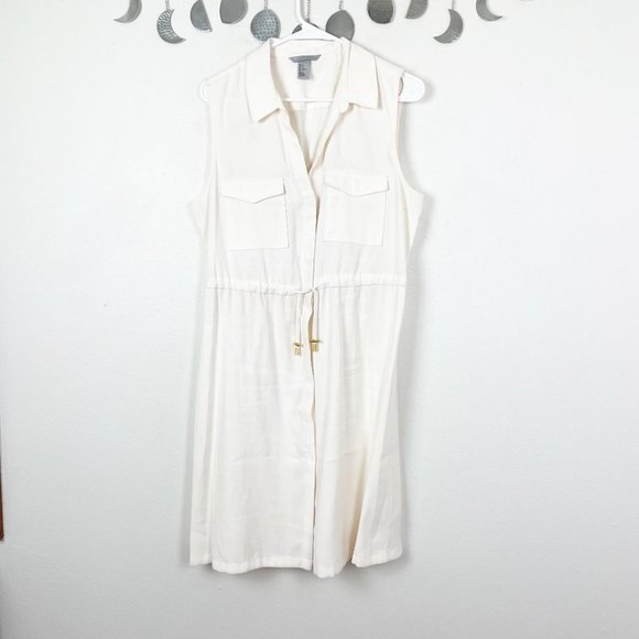 H&M White Tie Waist Collared‎ Button Up Dress Classic Basic Minimal Preppy - Picture 1 of 5
